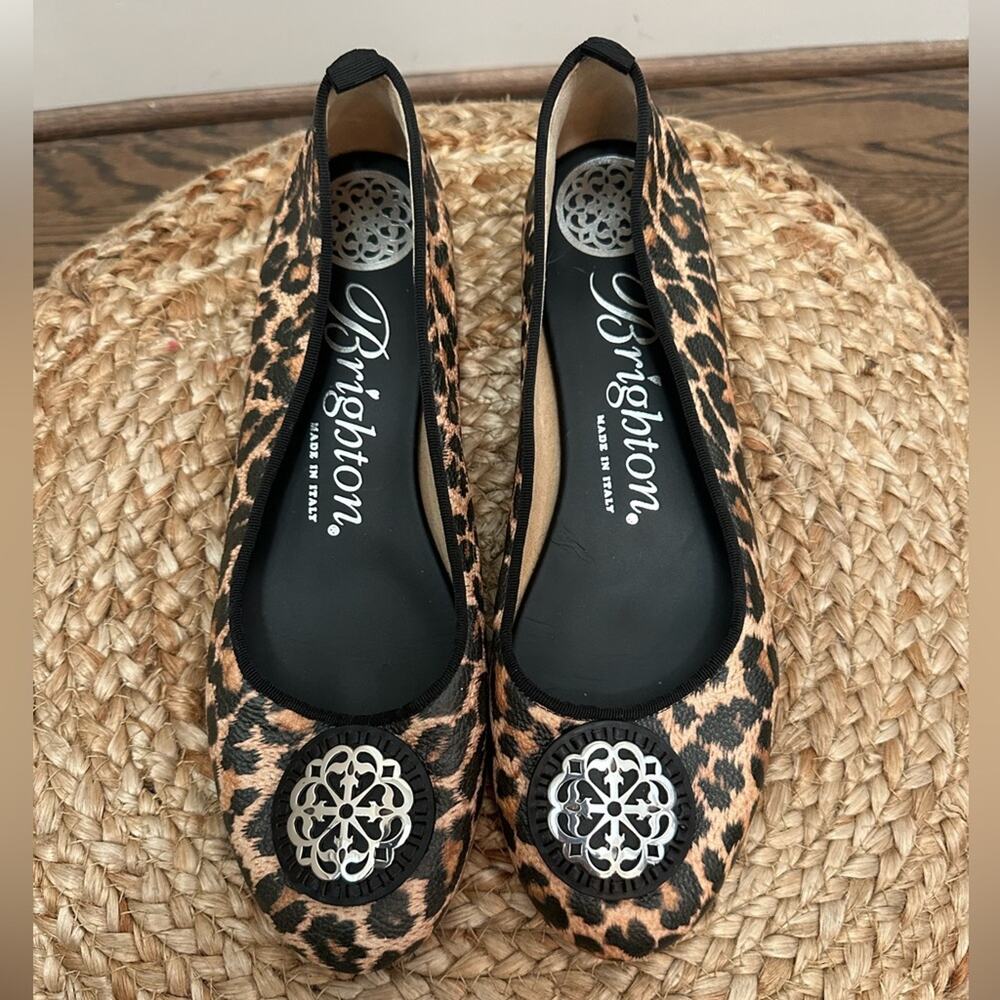 Brighton Aleta Ballerinas Leopard Print Leather Silver Plate medallion Size 10 M